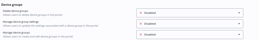Device groups permissions. It shows three permissions: Delete device groups, Manage device group settings and Manage device groups. Each permission includes a description explaining its function. All permissions are currently set to Disabled, indicated by red "X" icons and drop-down menus.